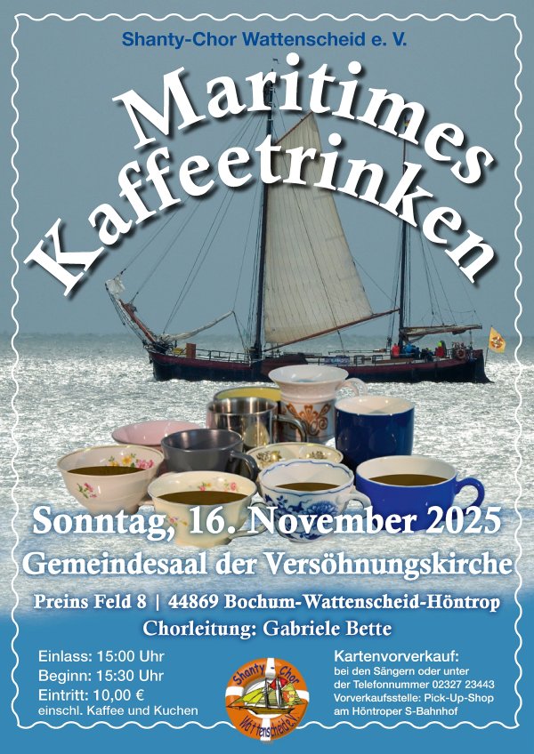 Bildbeschreibung: Ein Segelboot mit einer Gruppe von Menschen auf windiger See, im Vordergrund gefüllte Kaffeetassen und der Informationstext zum Maritimen Kaffeetrinken