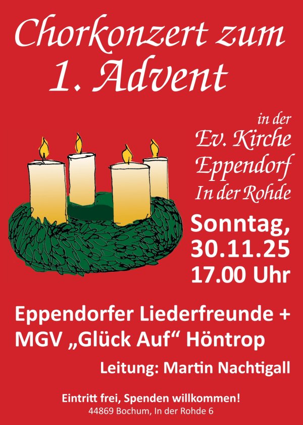 Bildbeschreibung: Informationen zum Adventskonzert am 1. Advent - Grafik eines Adventskranzes mit 4 entzündeten Kerzen