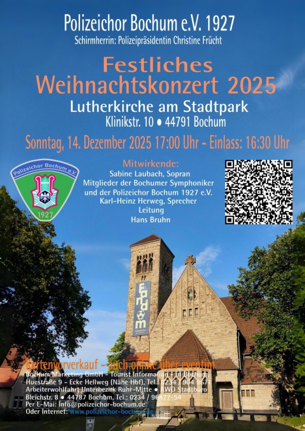 Sonntag, 14. Dezember 2025, Beginn 17:00 Uhr, Einlass: 16:30 Uhr, Lutherkirche am Stadtpark, Klinikstr. 10, 44791 Bochum 