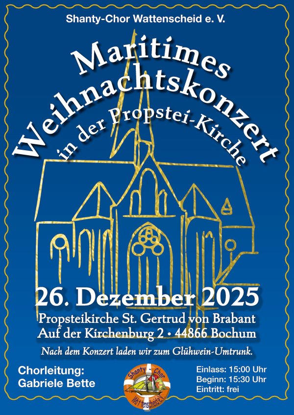 Bildbeschreibung: Vor der gezeichneten Silhouette der Propsteikirche Wattenscheid die Informationen zum Konzert