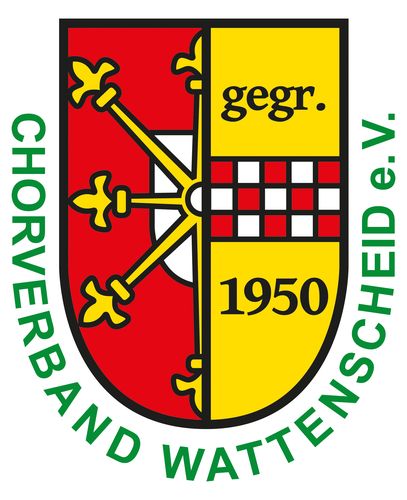 Logo des Chorverbands Wattenscheid: Stadtwappen Wattenscheid mit Text "gegr. 1950" im rechten gelben Feld und "Chorverband Wattenscheid" grün entlang des unteren Wappenrands